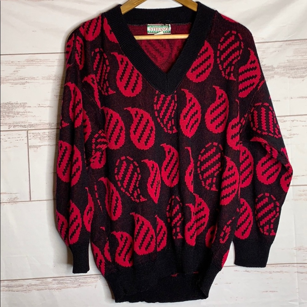 Vintage paisley print sweater v neck pink and black size small to medium fit